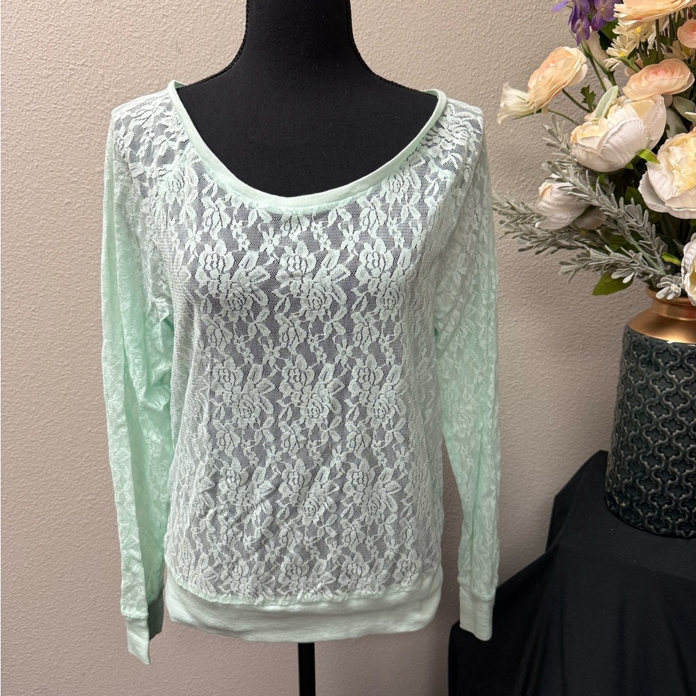 PINK Victoria’s Secret Mint Lace Long Sleeve Scoop Neck Sheer Top
